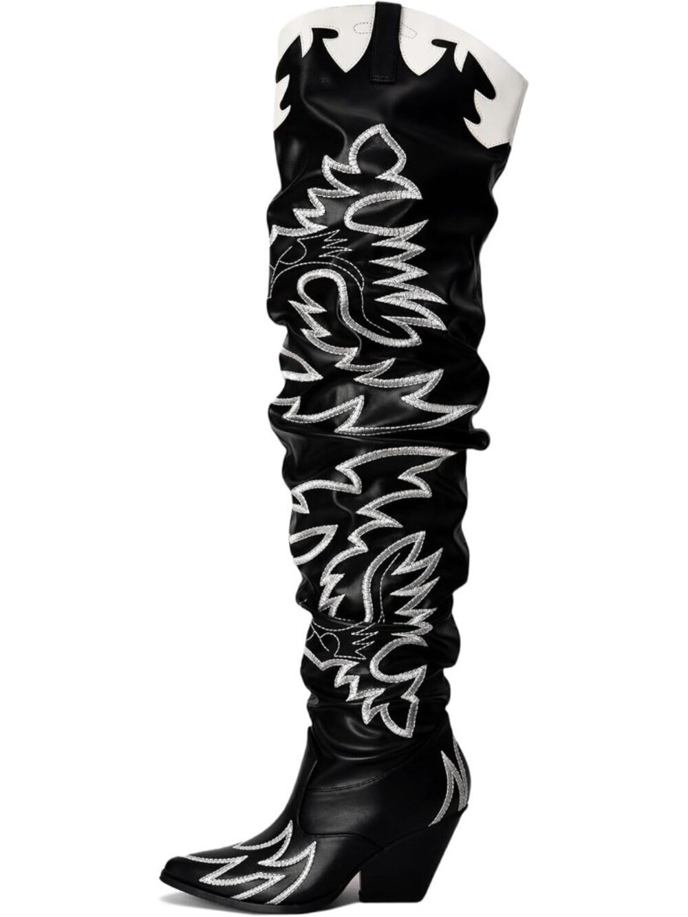 Women's Black Rubber Thigh High Knee Chunky Block Heel Fashion Cowgirl Boots
